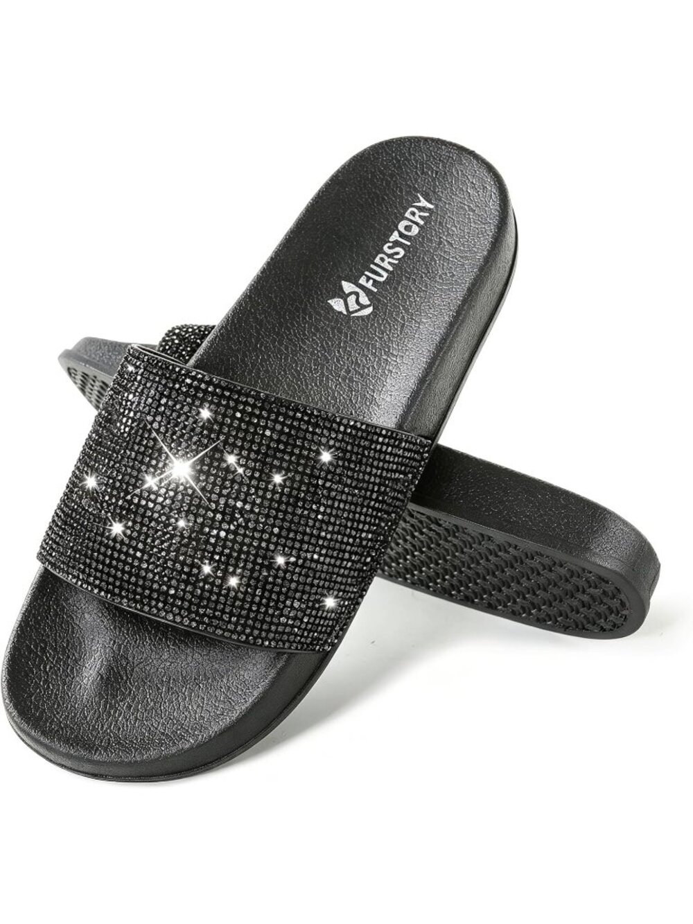 Women's Black Slides House Slippers Rhinestone Glitter Slides Cute bling